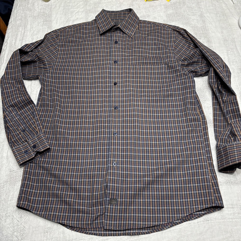 F/X Fusion Shirt Men's Size Medium Plaid Design Blue Orange Gray